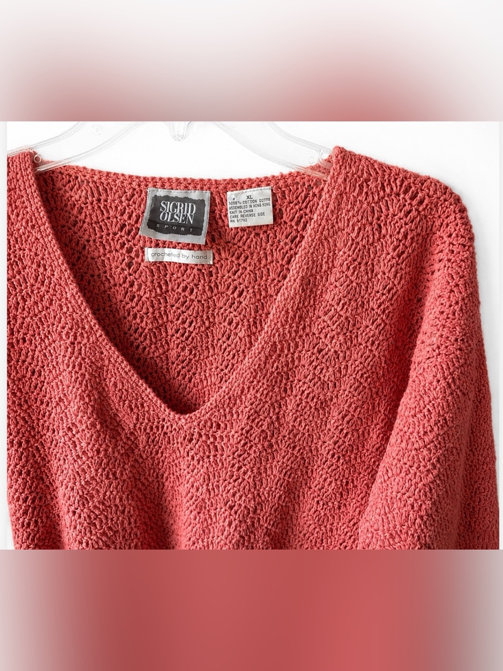 Sigrid Olsen Sport Coral V Neck Sweater Size XL Gorgeous Hand Crocheted - Picture 6 of 7